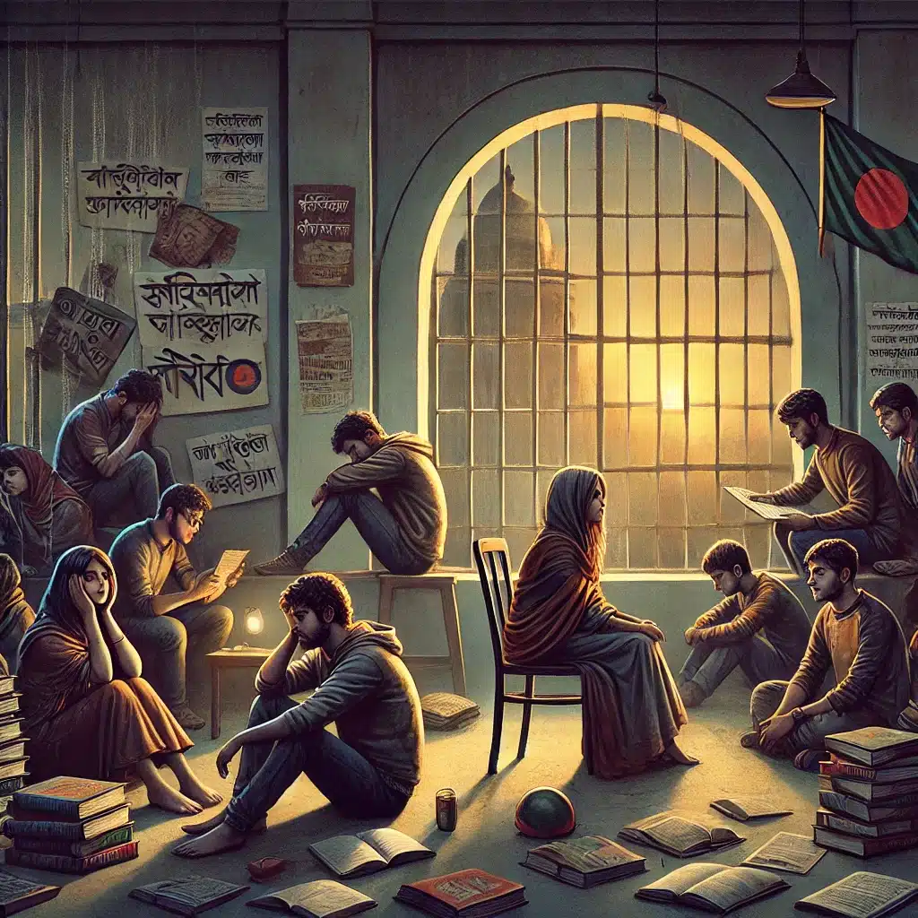 DALL·E 2024 12 01 17.18.41 A poignant illustration capturing the mental health struggles of Bangladeshi university students following a social uprising set in a university camp